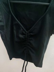 ZARA Black Ruched V-Neck Top with Ruffle Sleeves