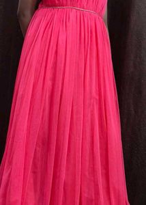Pink Net Full Length Gown Blue Embroidery Coat