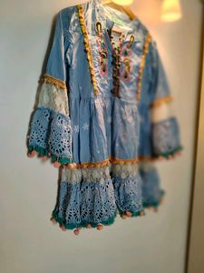 Blue Embroidered Kurta with Tassels