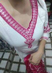 White Kurta Set with Pink Dupatta