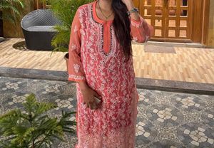 Charming Coral Chikankari Kurta