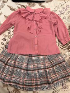 Chic Pink Ruffled Blouse & Plaid Skirt Set