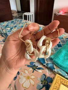 Chunky White &amp; Gold Drop Earrings