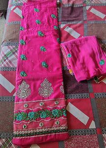 Pink Embroidered suit with Green Floral Motifs