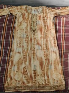 Elegant Beige Printed Kurta with Embellishments