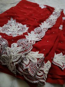 Red moti work saree
