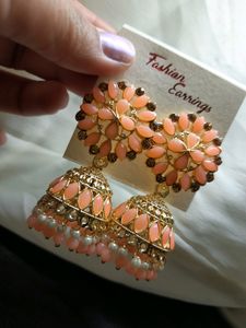 Gorgeously Designed Peach Polki & Pearls Jhumka 👌👌