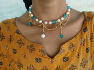 Handmade Pearl &amp; Turquoise Crystal Necklace Earrin