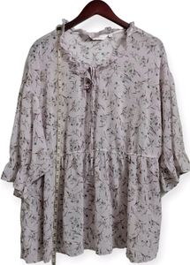 Floral Ruffle Trim Tie Neck Top