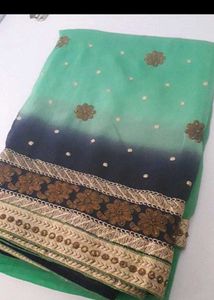 Green &amp; Navy Ombre Embroidered Saree