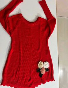 Red Knit Sweater with Floral Detail