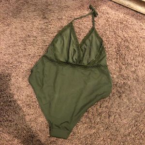Olive Green One-Piece Swimsuit with Lace Trim