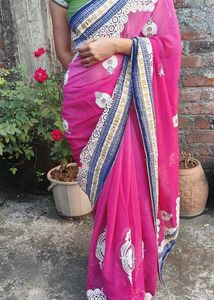 Elegant Pink Saree , diamond work "With 2 Blouse "