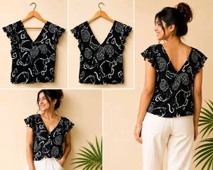 Stylish Black & White Printed V-Neck Top (Women)