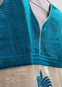 White and Blue Cotton kurti with Embroidered Motif