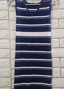 Navy blue and white striped sleeveless dress