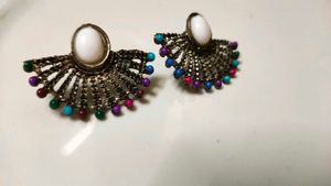 Oxidised Silver Afghani Boho Fan Stud Earrings - W