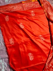 Vibrant Red Block Print Saree