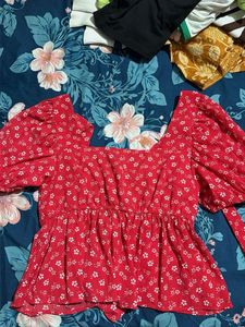 Red Floral Puff Sleeve Top