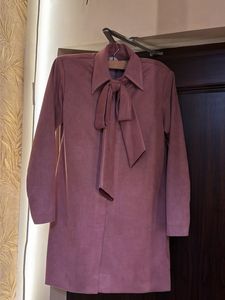 Suede Tie-Neck Long Sleeve Coat