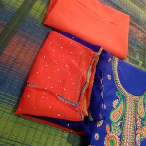 Free Duppta With Unstitched Orange Contrast Blue