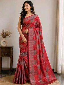 Elegant Red & Grey Checkered Saree