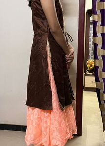 Peach Dress or Gown with Brown Overcoat