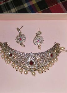 Sparkling Red Stone &amp; Pearl Necklace Set