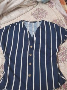 Chic Navy Striped Button-Up Top