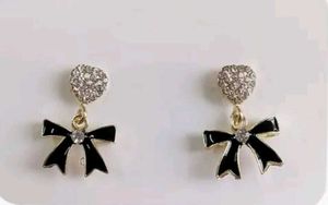 Korean Black Bow Studded Heart Earrings