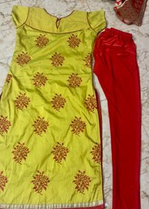 Yellow Kurta Set with Red Design Dupatta and pant