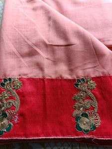 Elegant Peach &amp; Red Embroidered Saree