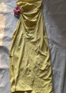 yellow draped square neck dress