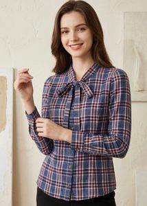 Plaid Button-Up Bow Neck Blouse