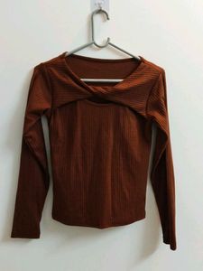 Brown Ribbed Twist Front Top