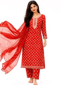 Red Printed Kurta with Dupatta Set