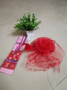 Combo Set Red Fascinator Hat &amp; LV Style Scarf