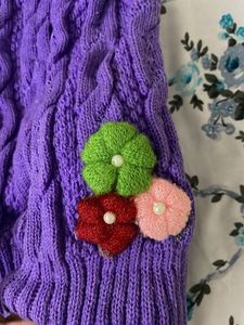 Purple Knit Beanie with Flower Embellishments