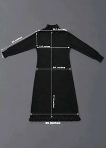 BLACK HIGH NECK LONG SLEEVE FRINGE HEM MIDI DRESS