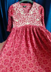 Pink Bandhani Embroidered Anarkali Kurti
