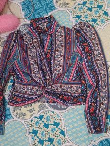 Boho Print Twist Front Long Sleeve Top