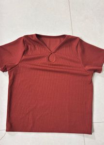Red V-Neck Keyhole Top
