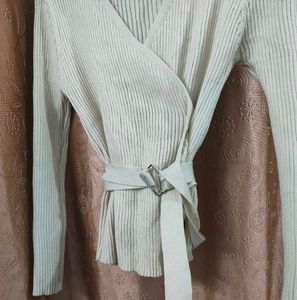 Ribbed Wrap-Style Long Sleeve Top