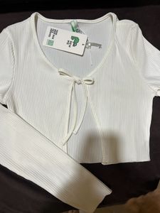 Ribbed Tie-Front Long Sleeve Top