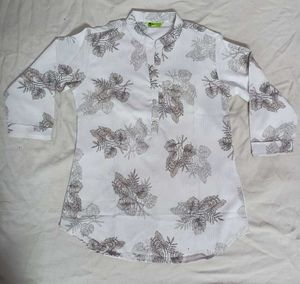 White Floral Print Kurta