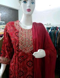 Red Printed Kurta with Pants and Dupatta
