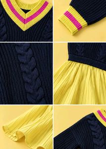 NAVY BLUE KNIT TOP WITH LEMON YELLOW PLEATED SKIRT