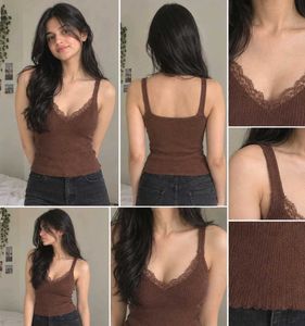 Brown Ribbed Lace Trim Cami Tank Top