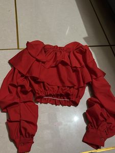 Red Off-Shoulder Ruffle Crop Top