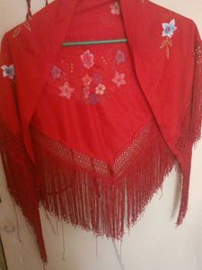 Beautiful Red Embroidered Shawl with Fringe